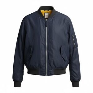 GAP Mens Navy Blue Bomber Jacket Yellow Satin Like Lining Nylon Flight Jacket